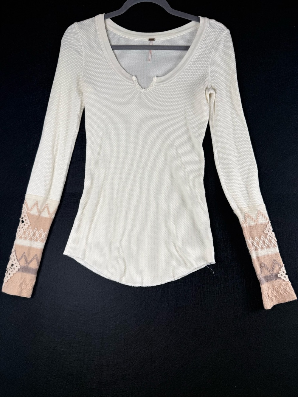 Free People Ivory Thermal Top XS Embroidered Crochet Boho Cuff Long Sleeve
